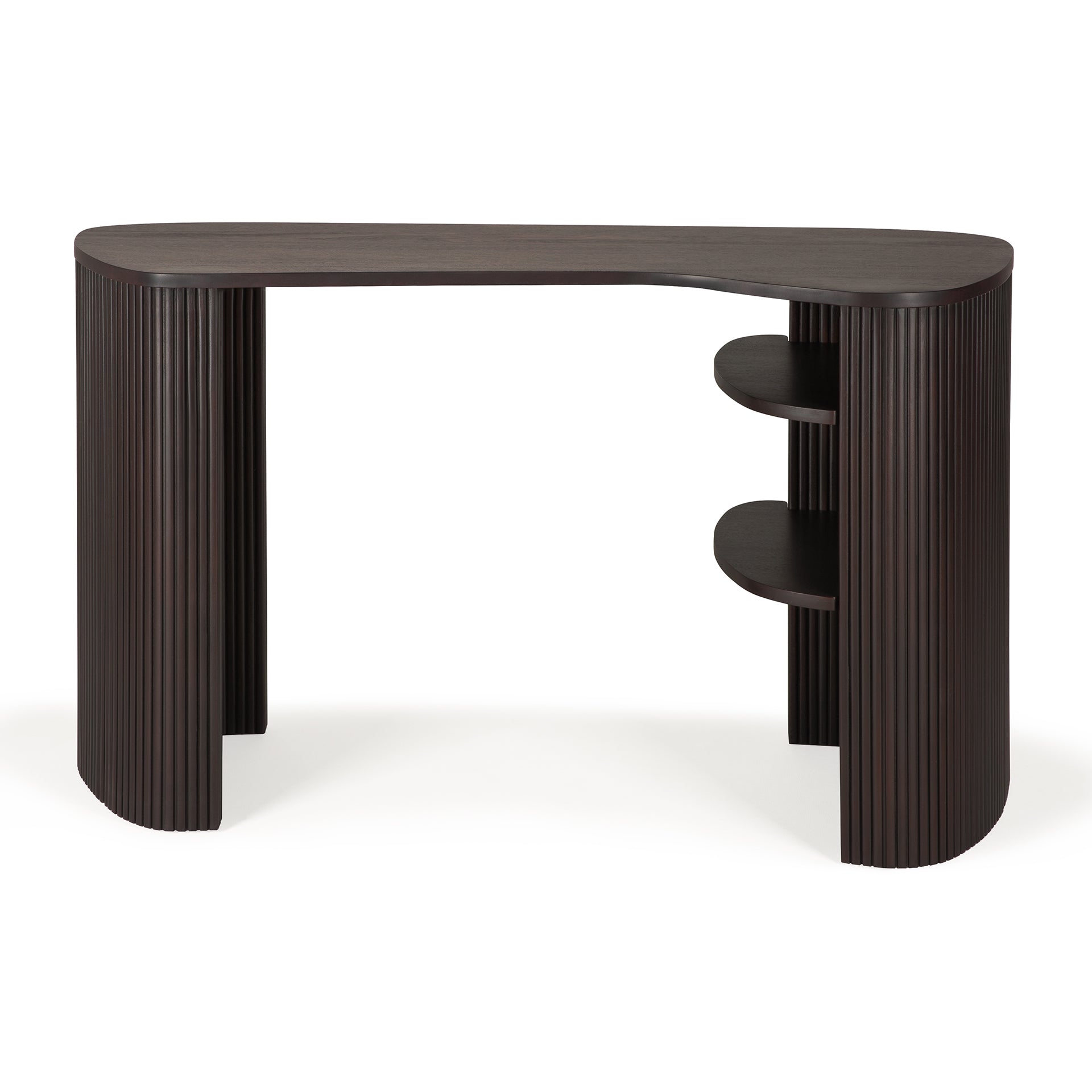 The Ethnicraft Roller Max Desk features a modern dark brown mahogany finish, rounded edges, vertical grooved legs, and two open right-side shelves, reflecting sophisticated contemporary design.