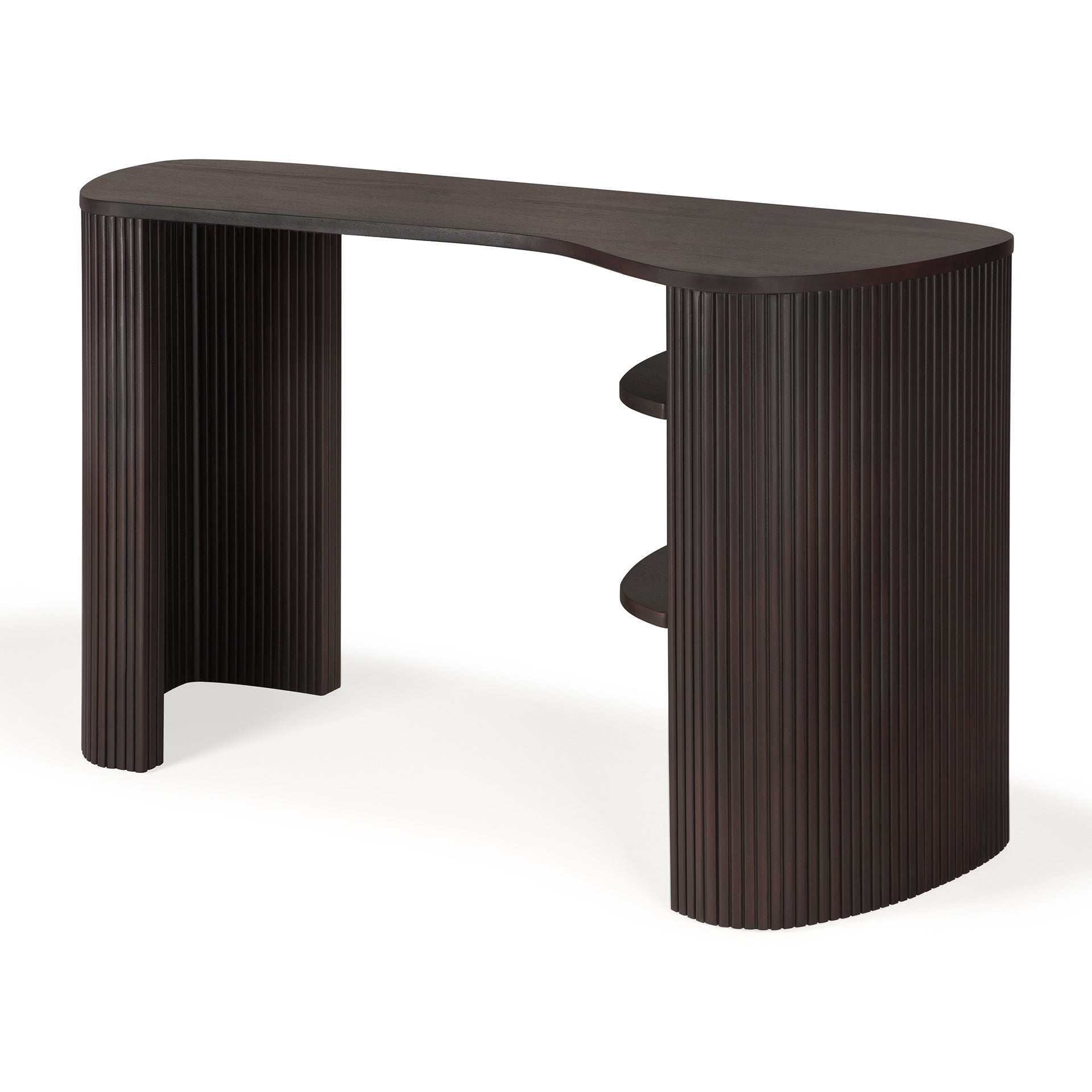 The Ethnicraft Roller Max Desk is a modern mahogany piece with curved edges, vertical grooves, two side shelves, and an open space beneath.
