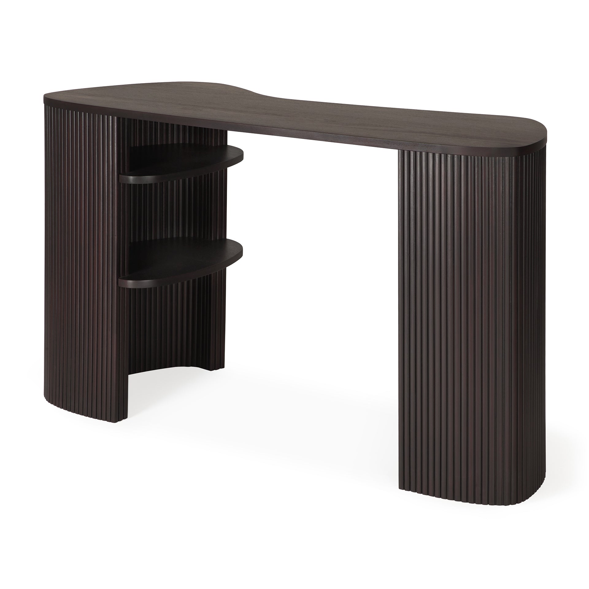 The Ethnicraft Roller Max Desk is a modern, minimalist desk with a curved top, two rounded fluted legs, and two open shelves on the left for storage.