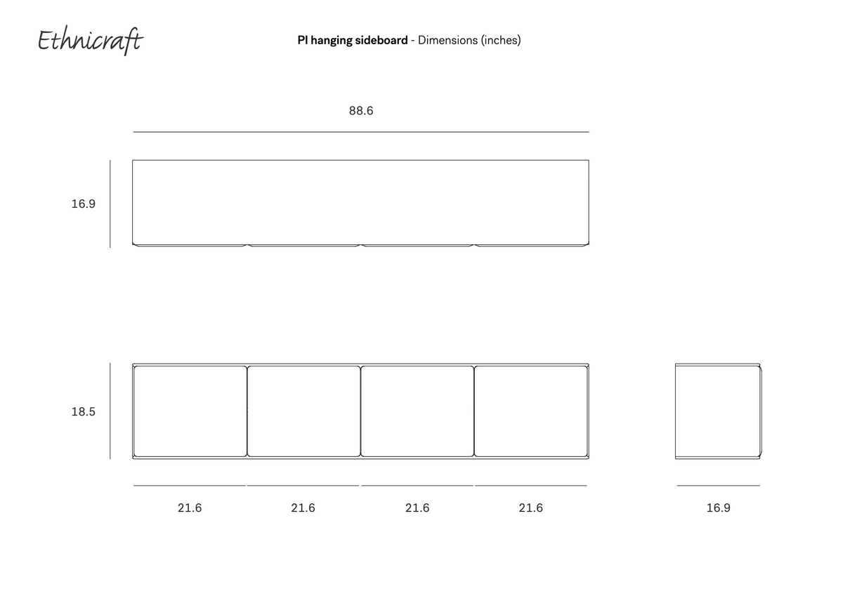 Line drawing showing the dimensions in inches of a long, four-sectioned Ethnicraft PI Light hanging sideboard.