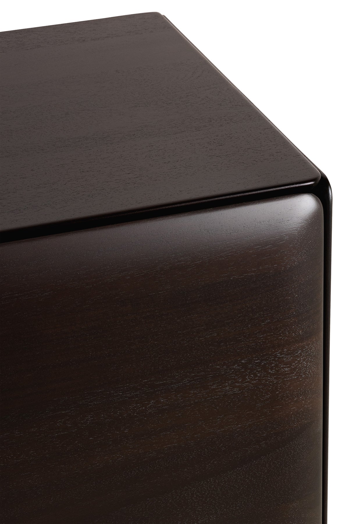 Close-up of the rounded corner of an Ethnicraft PI Light Hanging Sideboard, showcasing its rich mahogany wood grain.