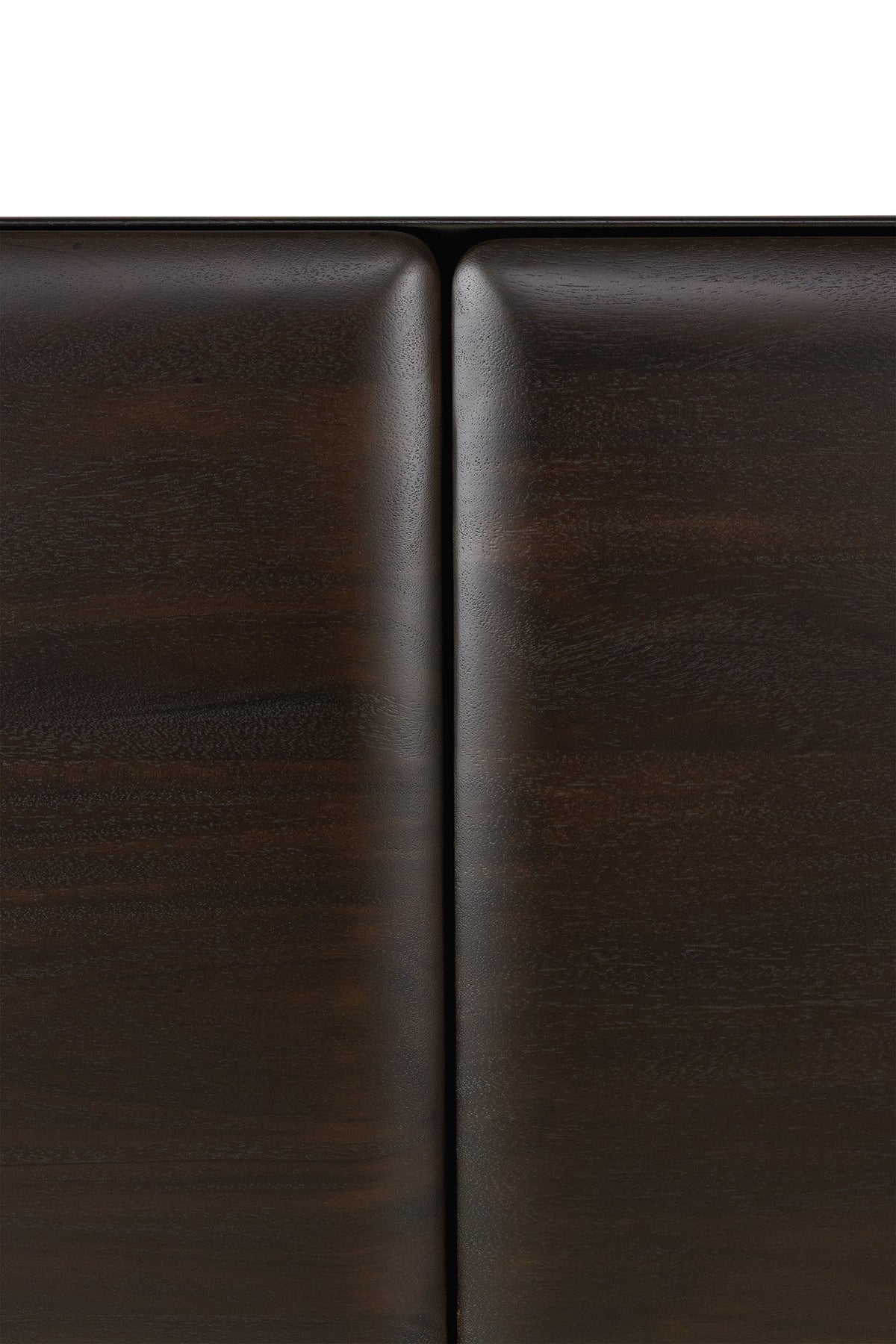 Close-up of two dark brown PI Light Hanging Sideboard mahogany doors with rounded edges meeting at a vertical seam.