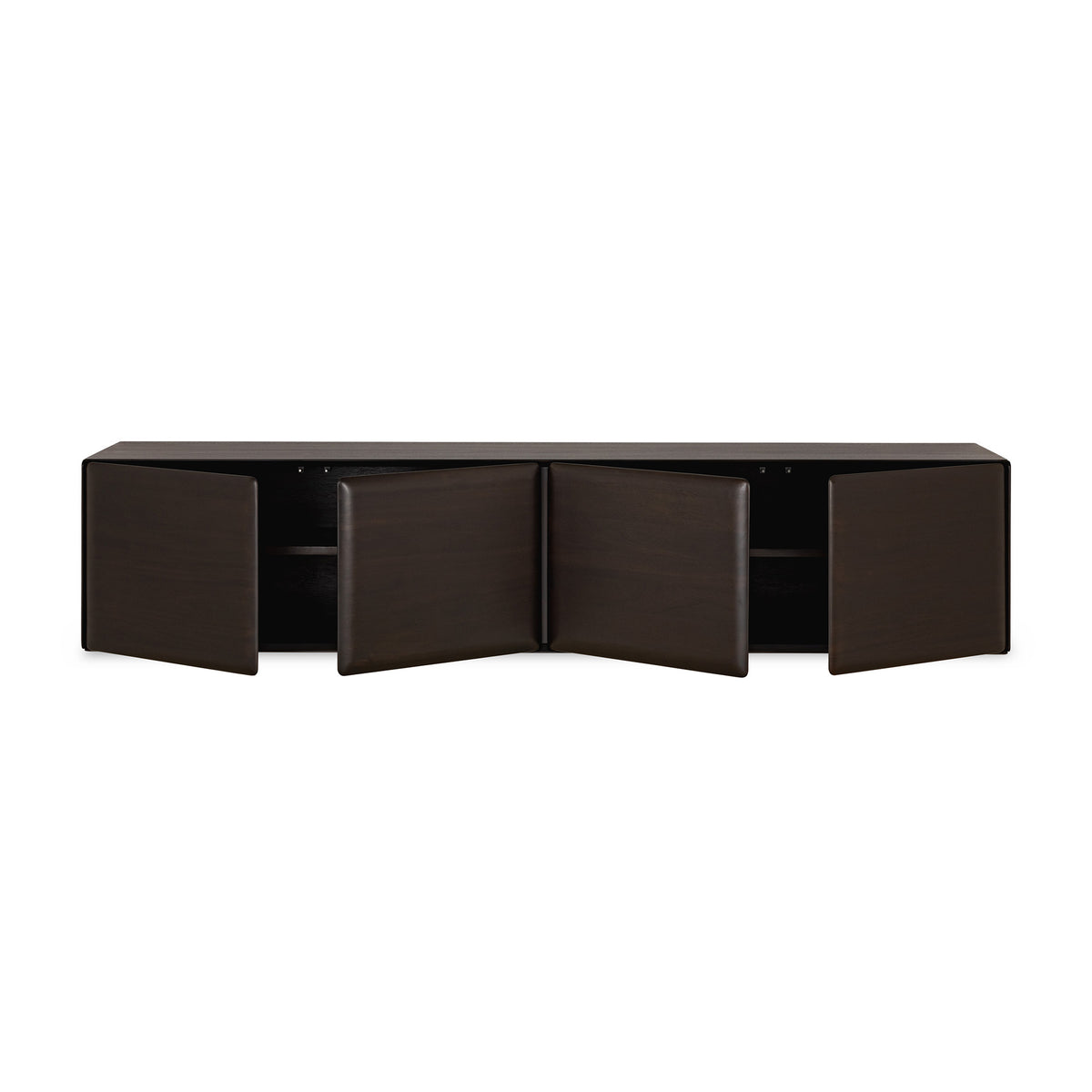 Dark brown Ethnicraft PI Light Hanging Sideboard with four doors slightly open, revealing interior shelving.