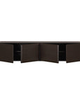Dark brown Ethnicraft PI Light Hanging Sideboard with four doors slightly open, revealing interior shelving.