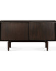 The Flow Sideboard by Ethnicraft features a minimalist design with two large doors and short legs in mahogany, set against a plain white background—ideal for lovers of vintage modern furniture.