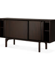 The Flow Sideboard by Ethnicraft features a minimalist, rectangular design in mahogany with two sliding doors, open shelves at each end, and sturdy legs. With smooth edges and a polished finish, it’s ideal for vintage modern furniture enthusiasts.