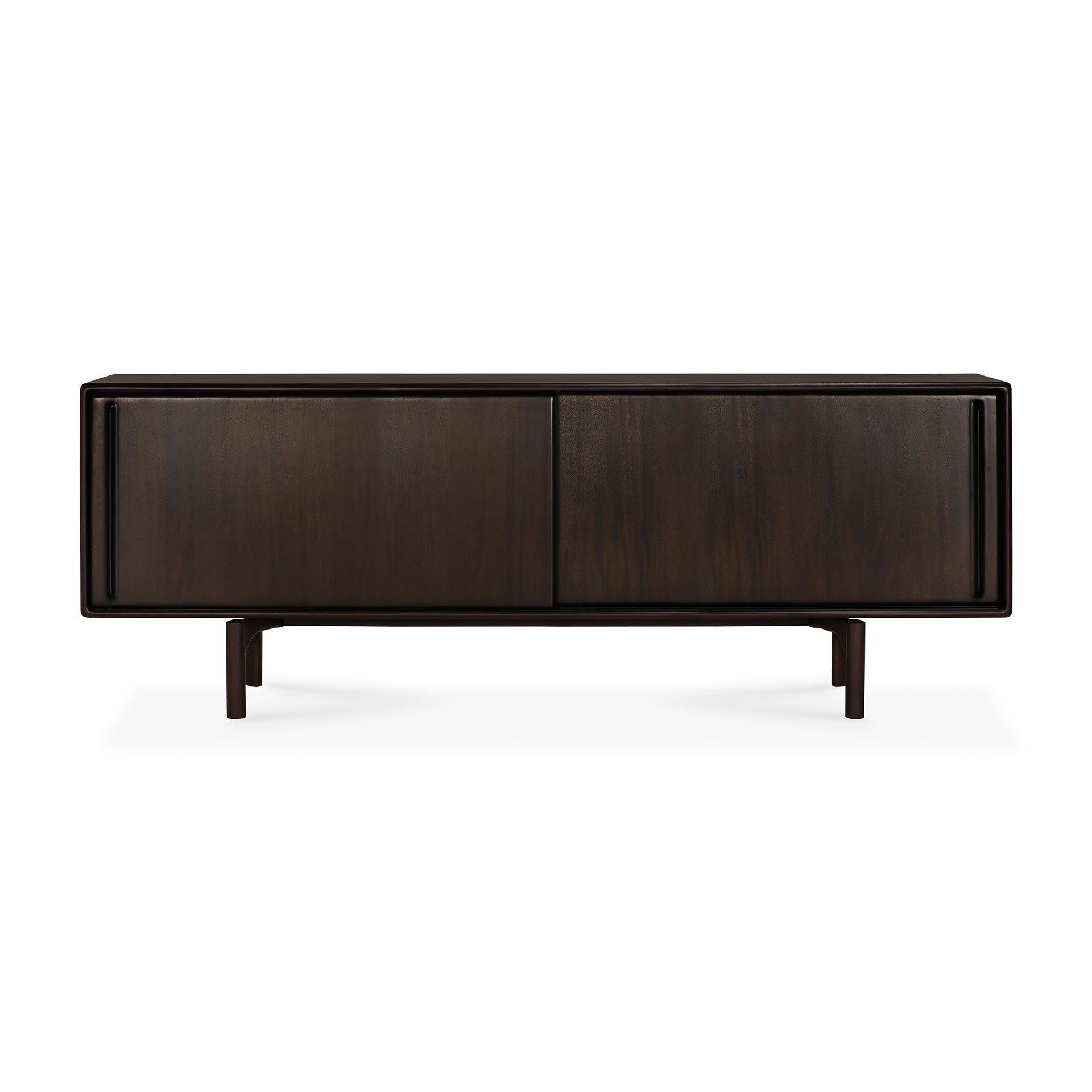 The Flow Sideboard by Ethnicraft is a modern mahogany piece with clean lines, two large sliding doors, elevated legs, and a minimalist rectangular design featuring a smooth, polished finish.