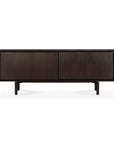 The Flow Sideboard by Ethnicraft is a modern mahogany piece with clean lines, two large sliding doors, elevated legs, and a minimalist rectangular design featuring a smooth, polished finish.