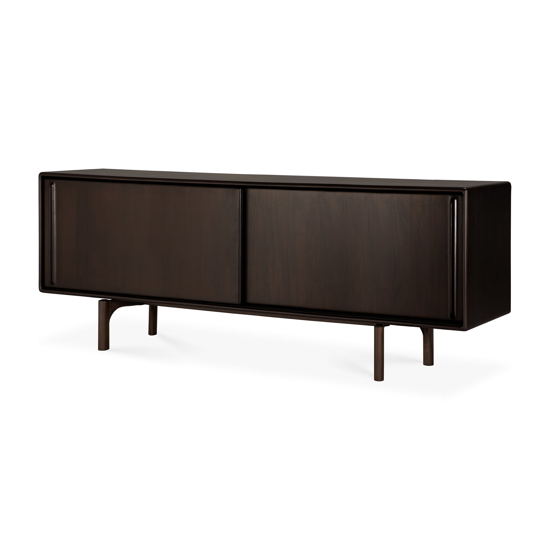 The Flow Sideboard by Ethnicraft features two sliding doors and slender, angled legs for stylish storage, blending vintage modern charm with contemporary design against a white background.