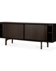 The Flow Sideboard by Ethnicraft features two sliding doors and open shelves at each end, all in modern mahogany on slender legs—a stylish blend of functional storage and vintage modern design.
