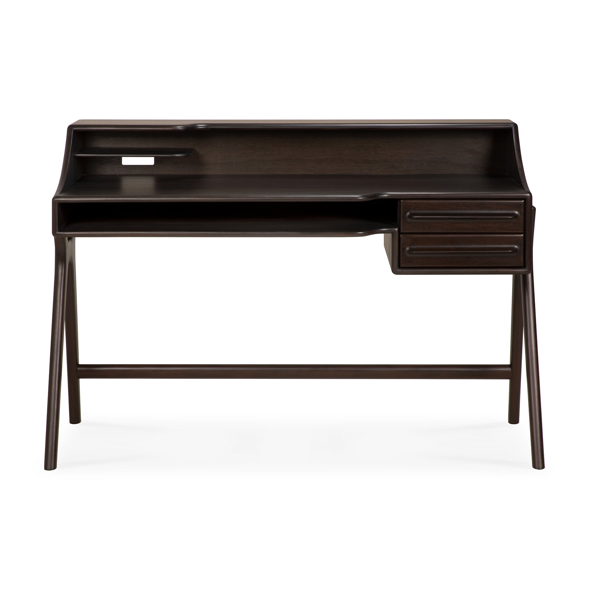 The Flow Desk by Ethnicraft is a modern dark wood solid mahogany desk featuring angled legs, two right-side drawers, a raised back edge, and a small rectangular cable management cutout.