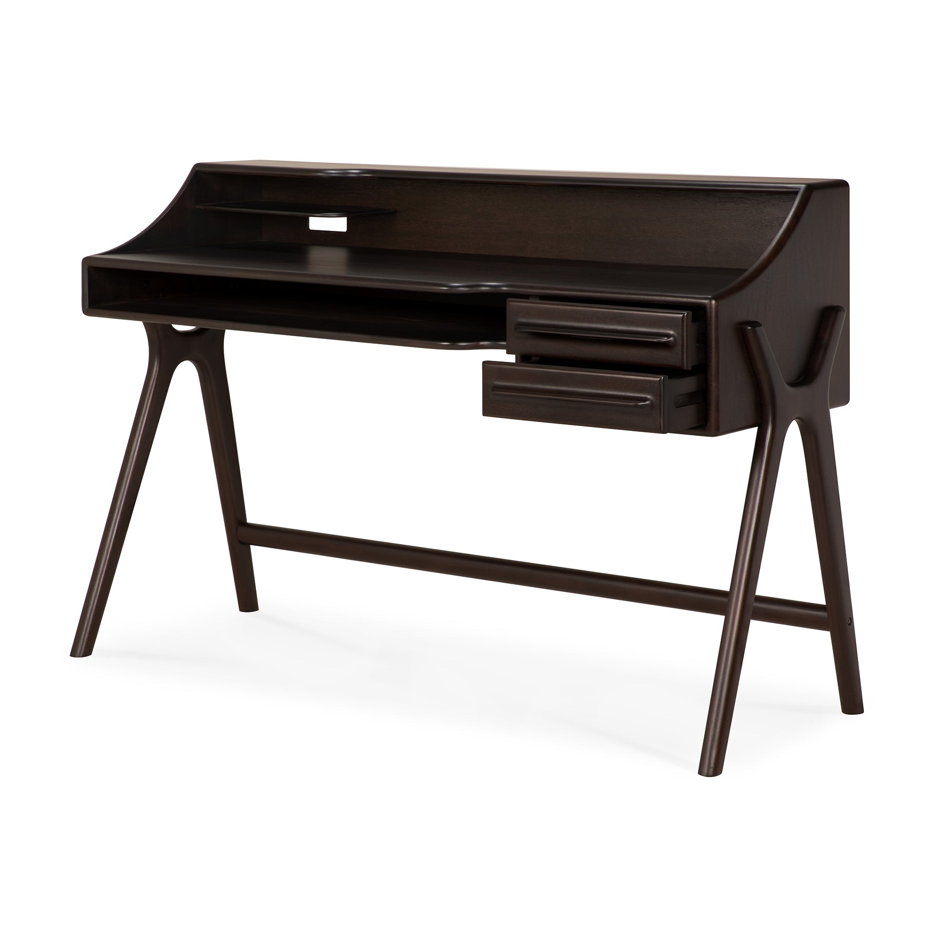 The Flow Desk by Ethnicraft features dark solid mahogany, angled legs, a raised back panel, two right-side drawers, and a flat surface. Its modern minimalist design with vintage flair makes it ideal for any contemporary workspace.
