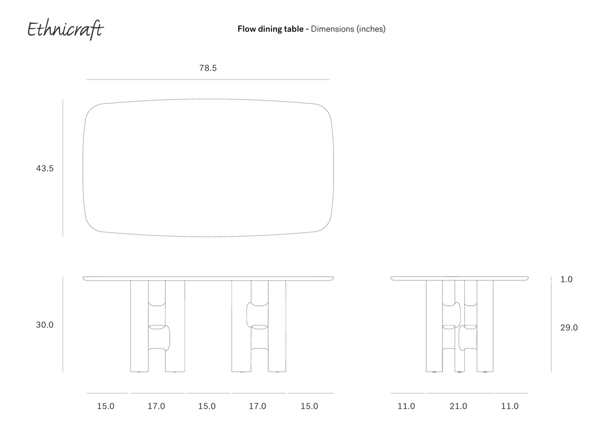 Technical line drawing of an Ethnicraft Flow Dining Table | Mahogany Rose Brown with rounded corners, showing top, front, and side views with dimensional measurements in inches.