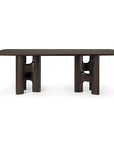 Ethnicraft Flow Dining Table in mahogany rose brown, a solid wood table featuring rounded corners and two sculptural, cutout pedestal legs.
