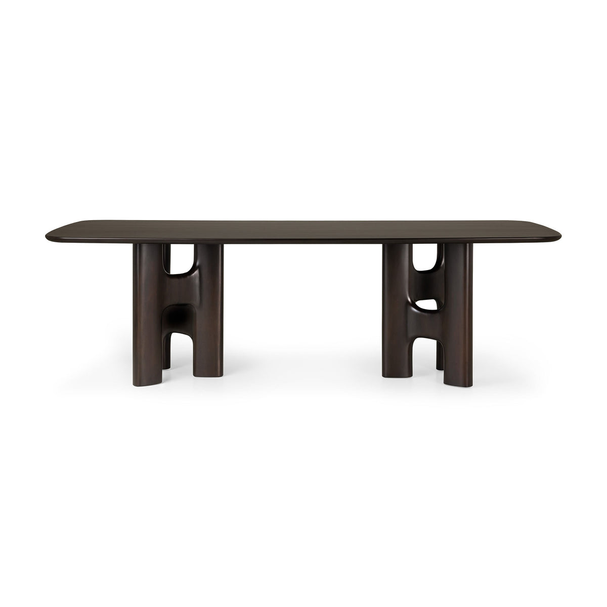 Ethnicraft Flow Dining Table in mahogany rose brown featuring a smooth, rectangular solid wood top and two sculptural, H-shaped pedestal legs.