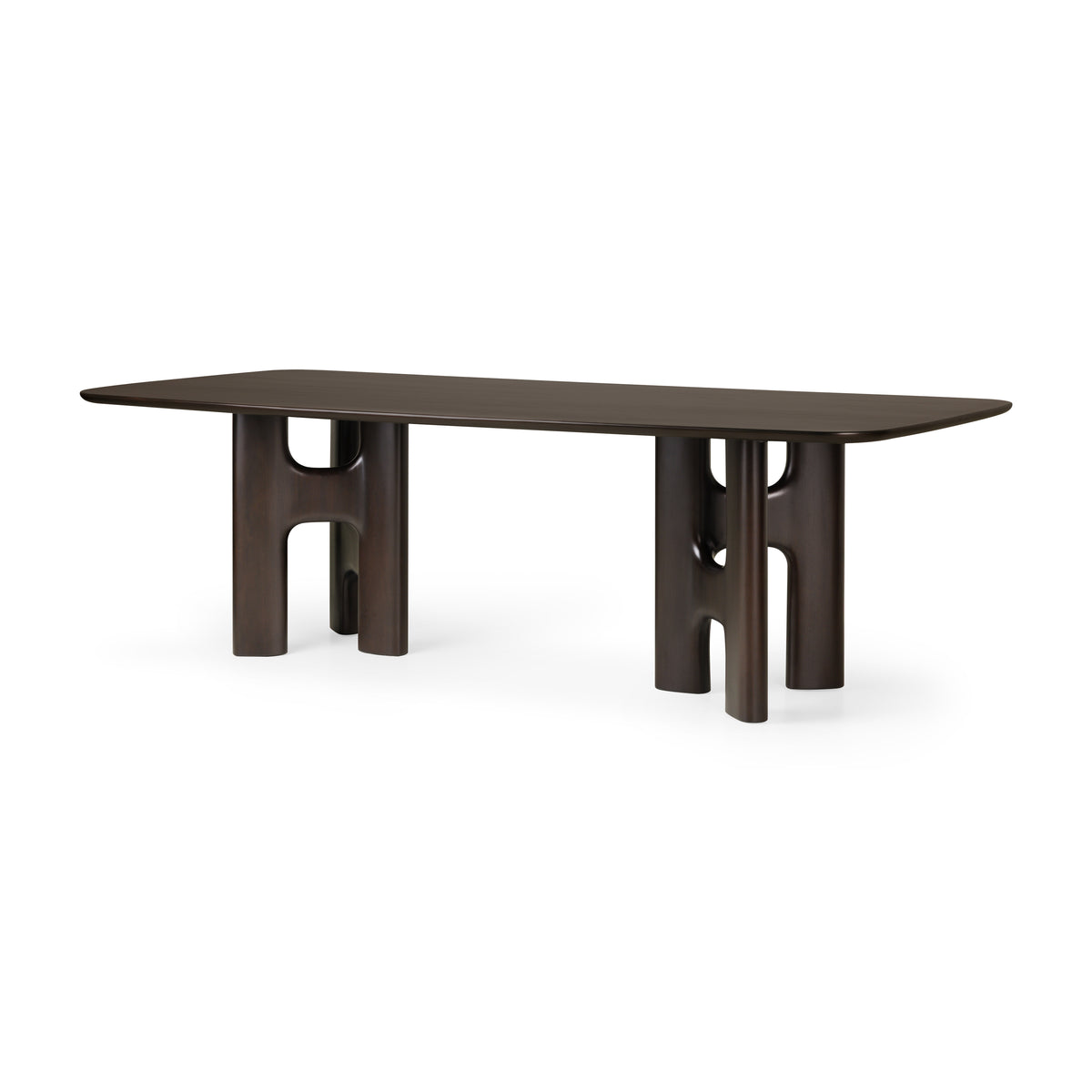 An Ethnicraft Flow Dining Table | Mahogany Rose Brown, featuring a long rectangular top in dark brown supported by two sculptural, arched legs.