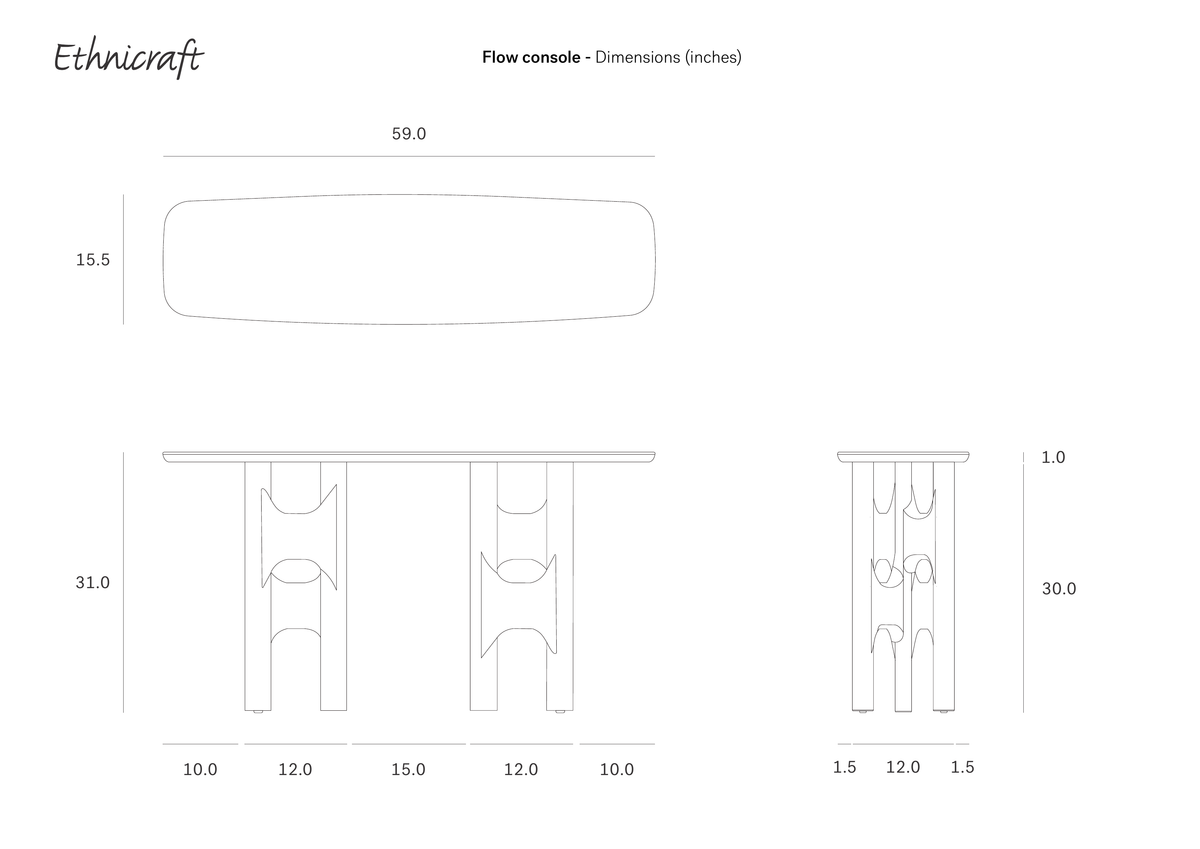 Line drawing showing the top, front, and side dimensions in inches for an Ethnicraft Flow Console | Teak Wild Brown.