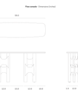 Line drawing showing the top, front, and side dimensions in inches for an Ethnicraft Flow Console | Teak Wild Brown.