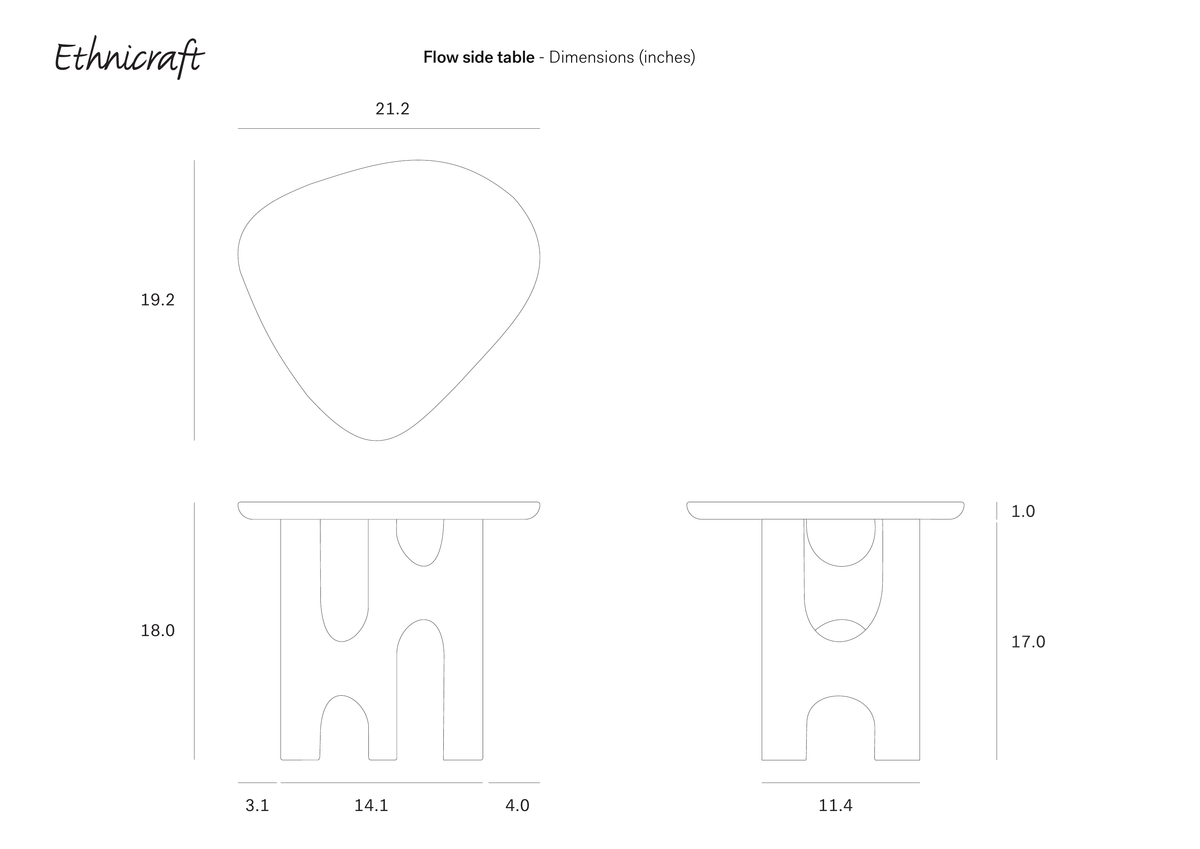 Line drawings display the Ethnicraft Flow Side Table’s top and side dimensions in inches: the top measures 21.2 by 19.2, the height is 18, and base widths are 14.1, 11.4, 4.0, and 3.1—showcasing a solid mahogany Flow Side Table that embodies vintage modern design sensibilities.