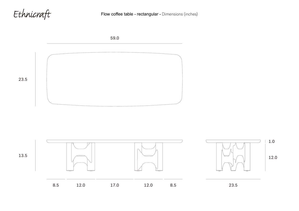 Technical drawing showing the top, front, and side dimensions of an Ethnicraft Flow Coffee Table | Mahogany Rose Brown in inches.
