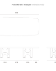 Technical drawing showing the top, front, and side dimensions of an Ethnicraft Flow Coffee Table | Mahogany Rose Brown in inches.