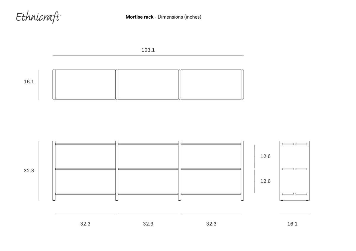 Technical drawing showing top, front, and side views of the Ethnicraft Mortise Rack, an heirloom-quality three-section shelving unit with dimensions in inches.