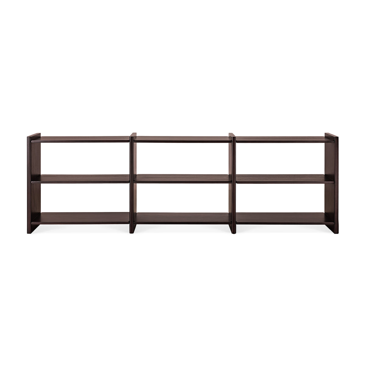 Ethnicraft Mortise Rack, an heirloom-quality dark wood shelving unit with three horizontal tiers.