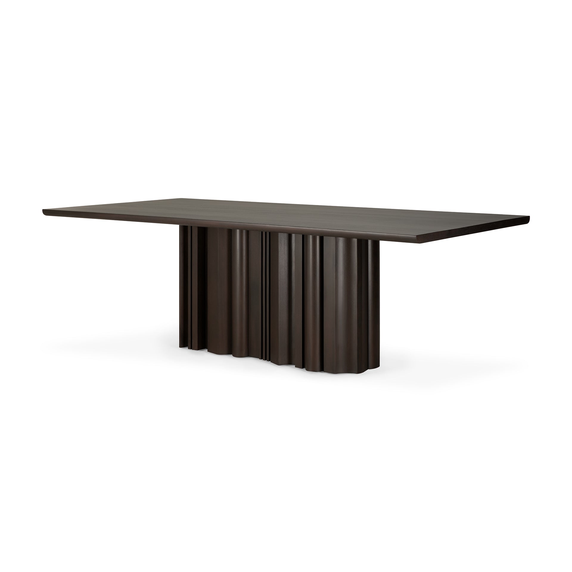 The Sequence Dining Table by Ethnicraft showcases a modern rectangular design with a dark brown mahogany top and sculptural, wavy vertical base panels for a striking architectural style.