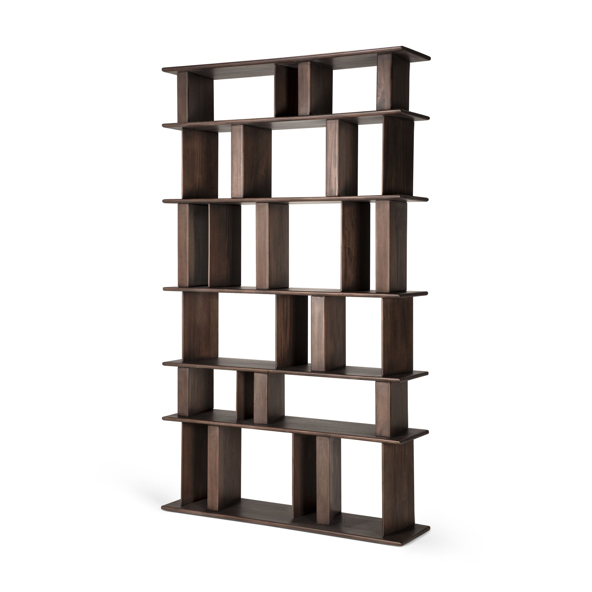 The Ethnicraft Block Rack is a tall, modern bookshelf made from solid mahogany, featuring an open, asymmetrical design with multiple rectangular shelves and compartments of various sizes.
