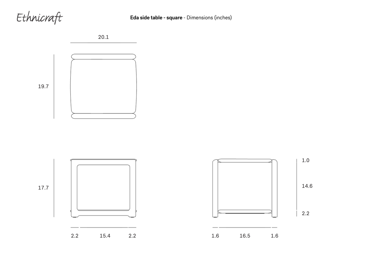 Technical drawing of an Ethnicraft Eda Side Table, showing top, front, and side views with dimension labels in inches.