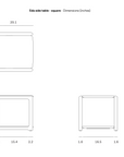 Technical drawing of an Ethnicraft Eda Side Table, showing top, front, and side views with dimension labels in inches.