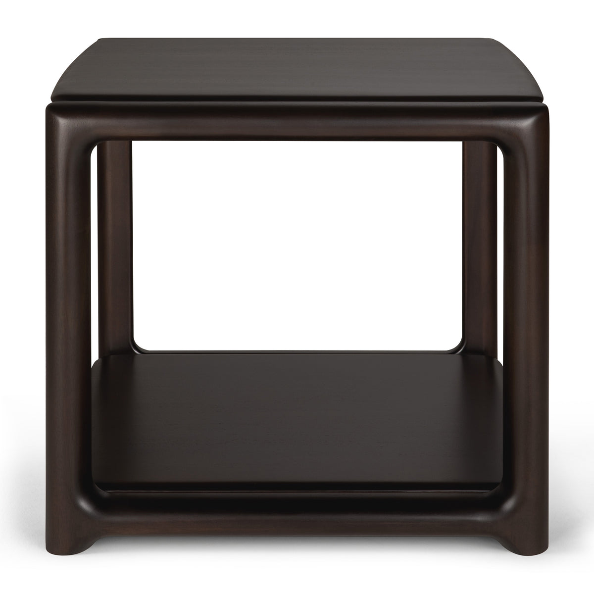 Dark brown Ethnicraft Eda side table with a square top, open frame, and a lower shelf crafted from mahogany.