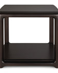 Dark brown Ethnicraft Eda side table with a square top, open frame, and a lower shelf crafted from mahogany.