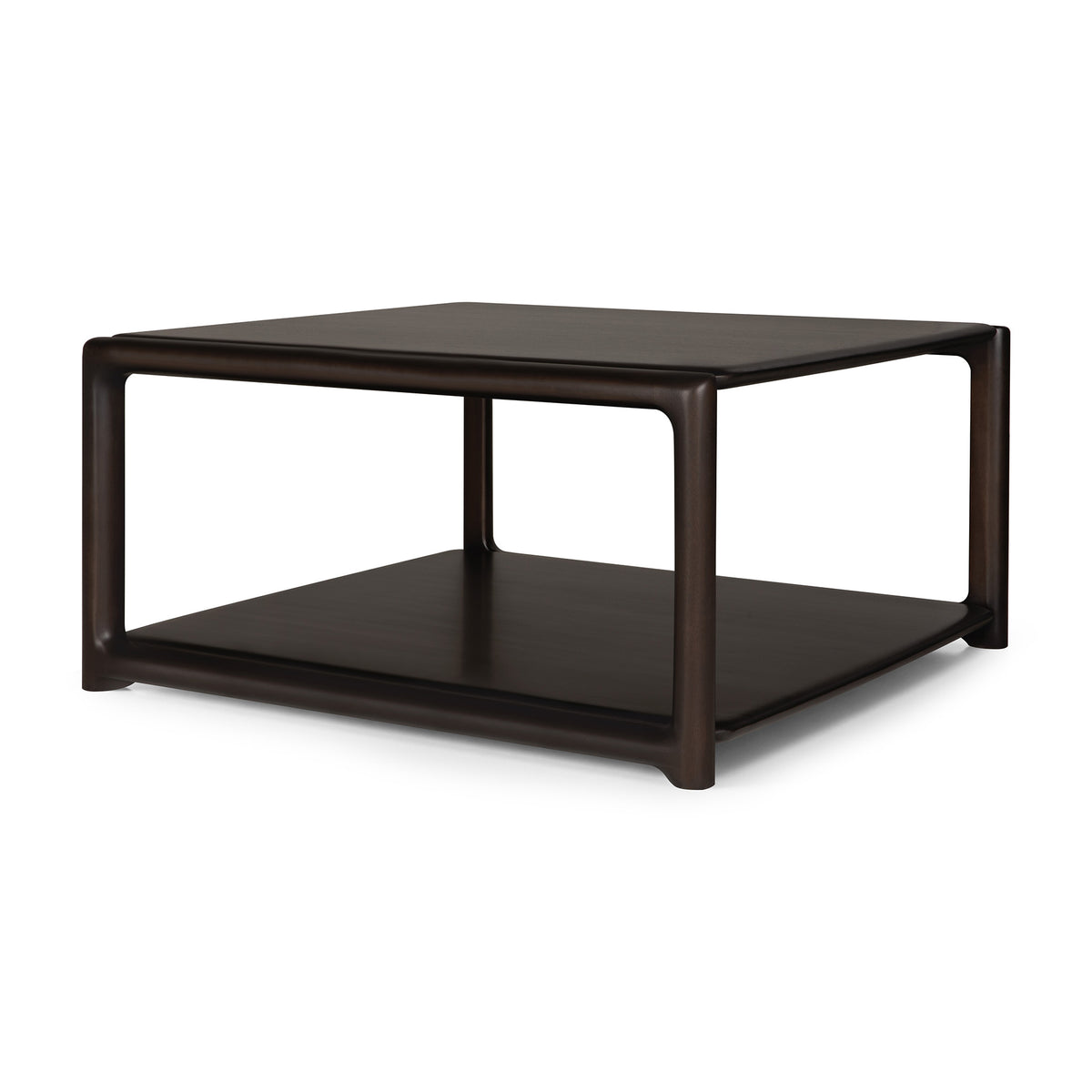 Square Eda Coffee Table by Ethnicraft in dark wood, featuring a rounded frame and a convenient lower shelf.