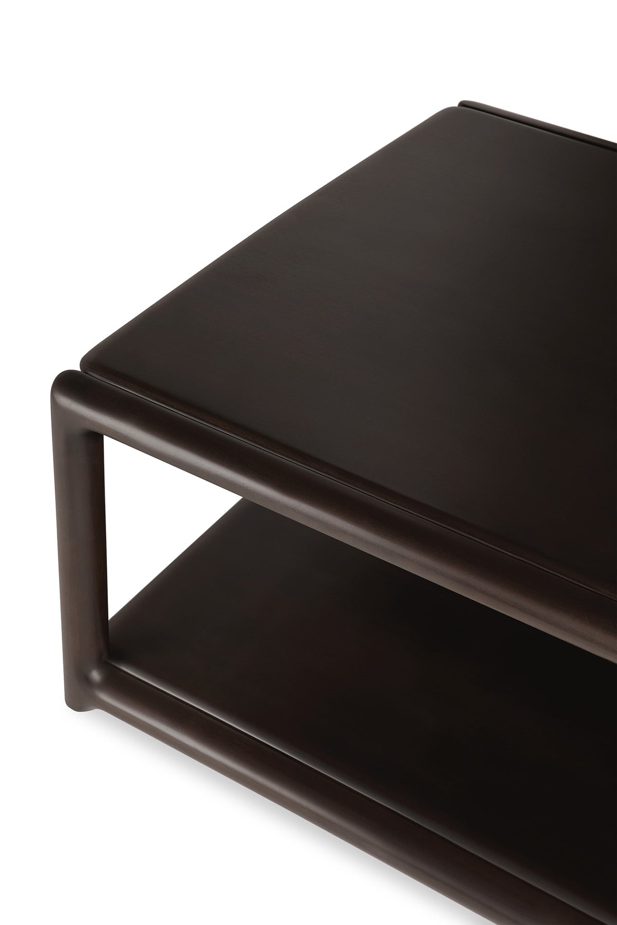 An Eda Coffee Table | Square made of dark wood with European craftsmanship, featuring a lower shelf and a rounded frame.