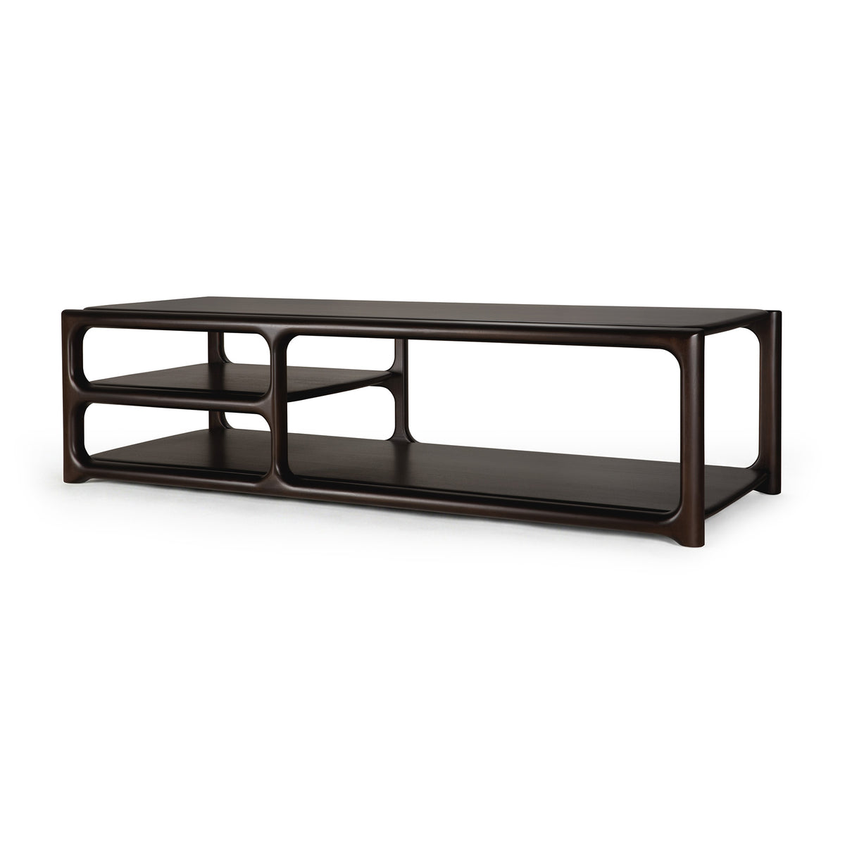 Introducing the Eda Coffee Table by Ethnicraft—a modern dark wood piece with rounded edges, minimalist design, and European-inspired craftsmanship. This heirloom-quality table combines timeless aesthetics with everyday functionality, featuring two large open sections alongside two smaller shelves on the left for versatile storage.