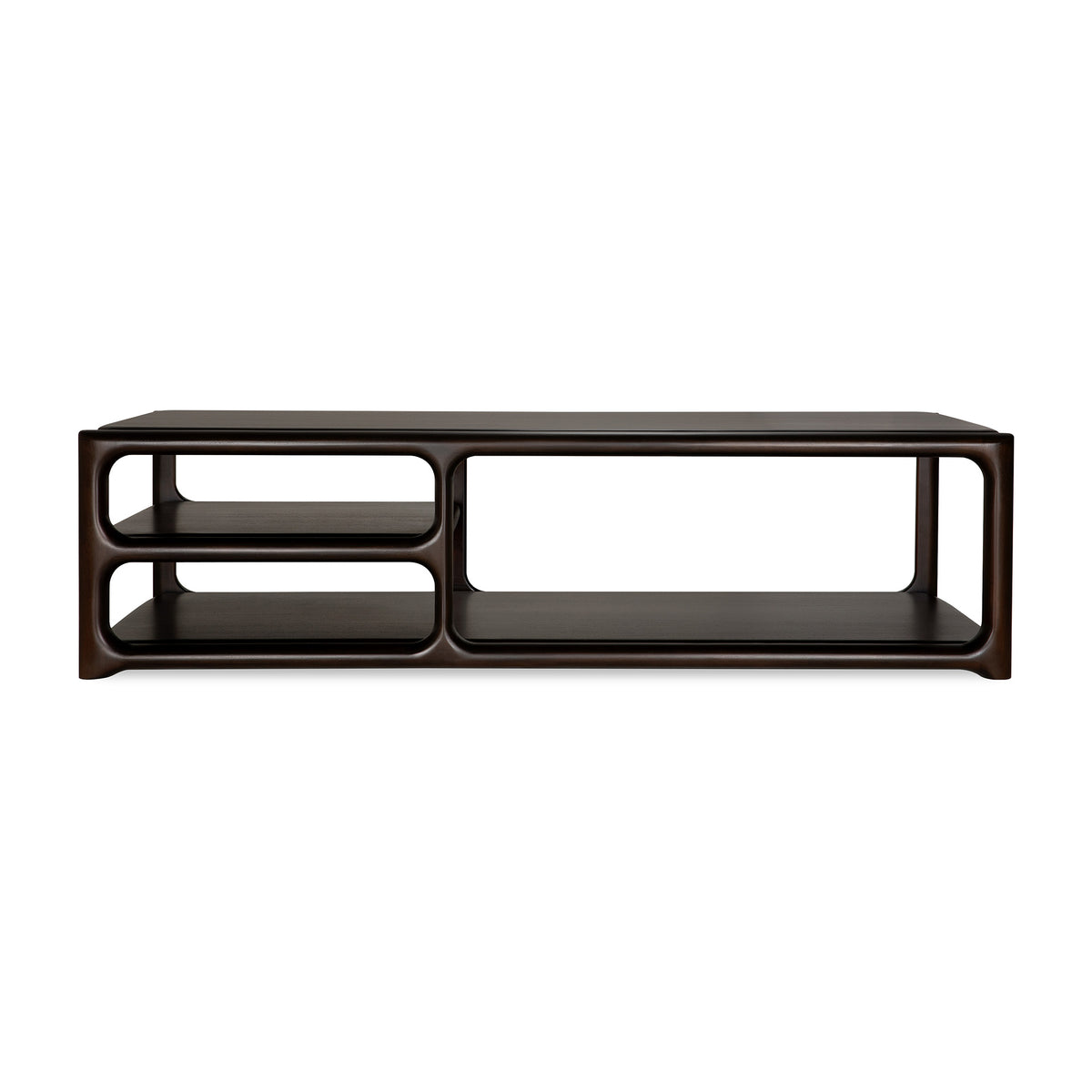The Eda Coffee Table by Ethnicraft is a dark brown, rectangular piece with rounded edges and a sleek, modern design. Expertly crafted with renowned European craftsmanship, this stylish table echoes the timeless appeal of classic Ethnicraft furniture. Featuring open shelving on both sides—the left side offers two shelves while the right side provides one wide shelf—it’s perfect for showcasing heirloom-quality items in any contemporary living space.