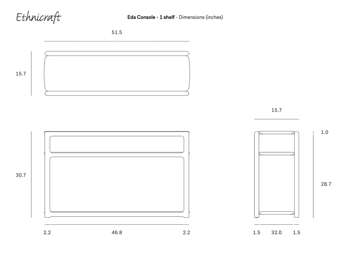 Technical line drawing of an Ethnicraft Eda Console table with one shelf, showing top, front, and side views with corresponding dimensions in inches.
