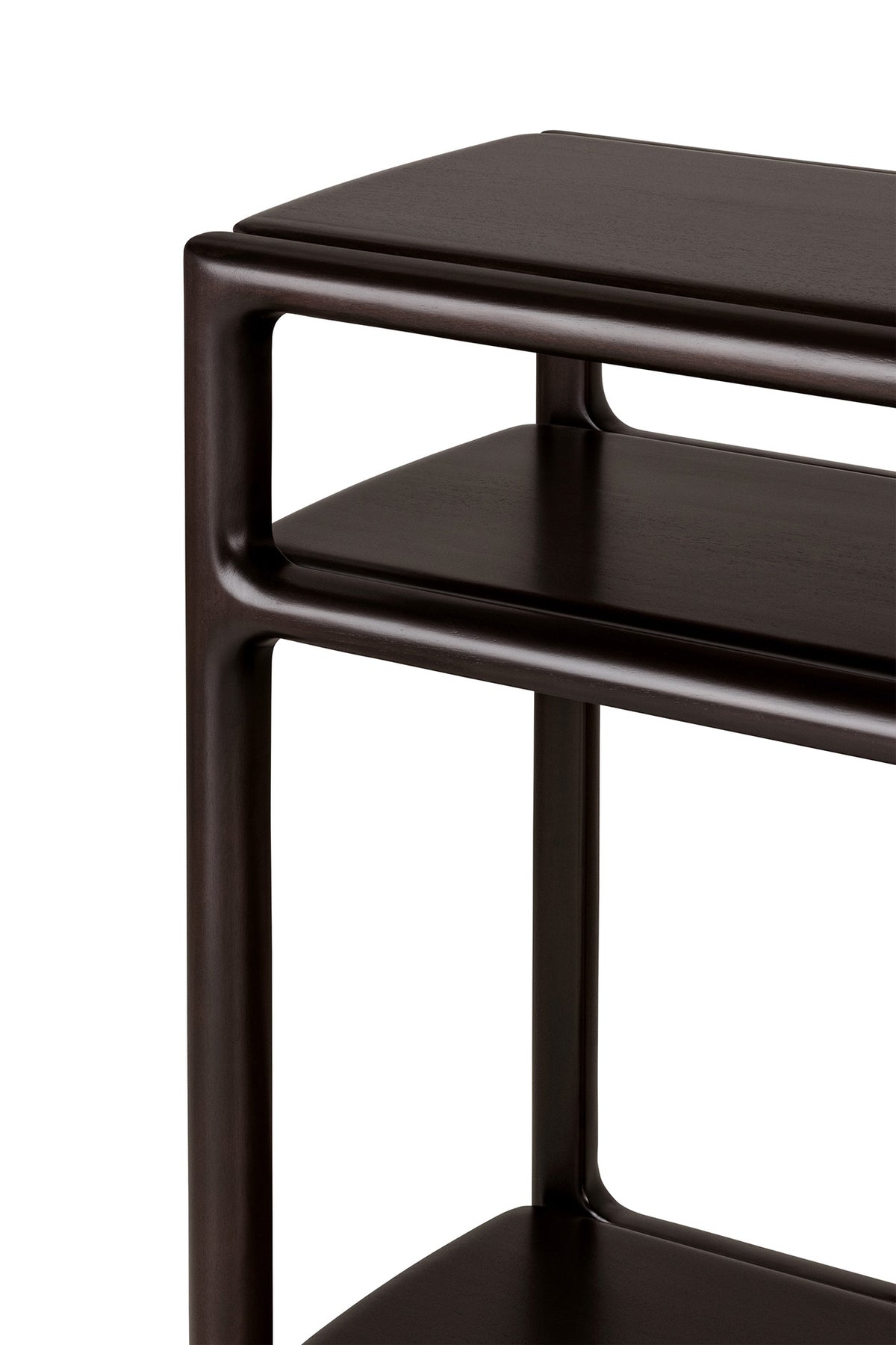 Dark brown Ethnicraft Eda console table with rounded edges and two shelves.