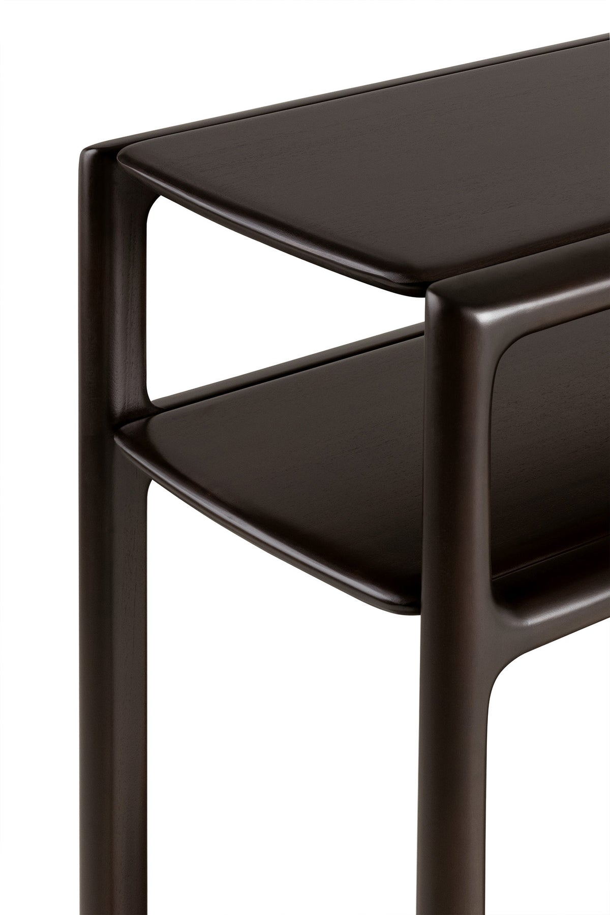 Dark mahogany Ethnicraft Eda console table featuring a smooth, curved frame and two shelves.