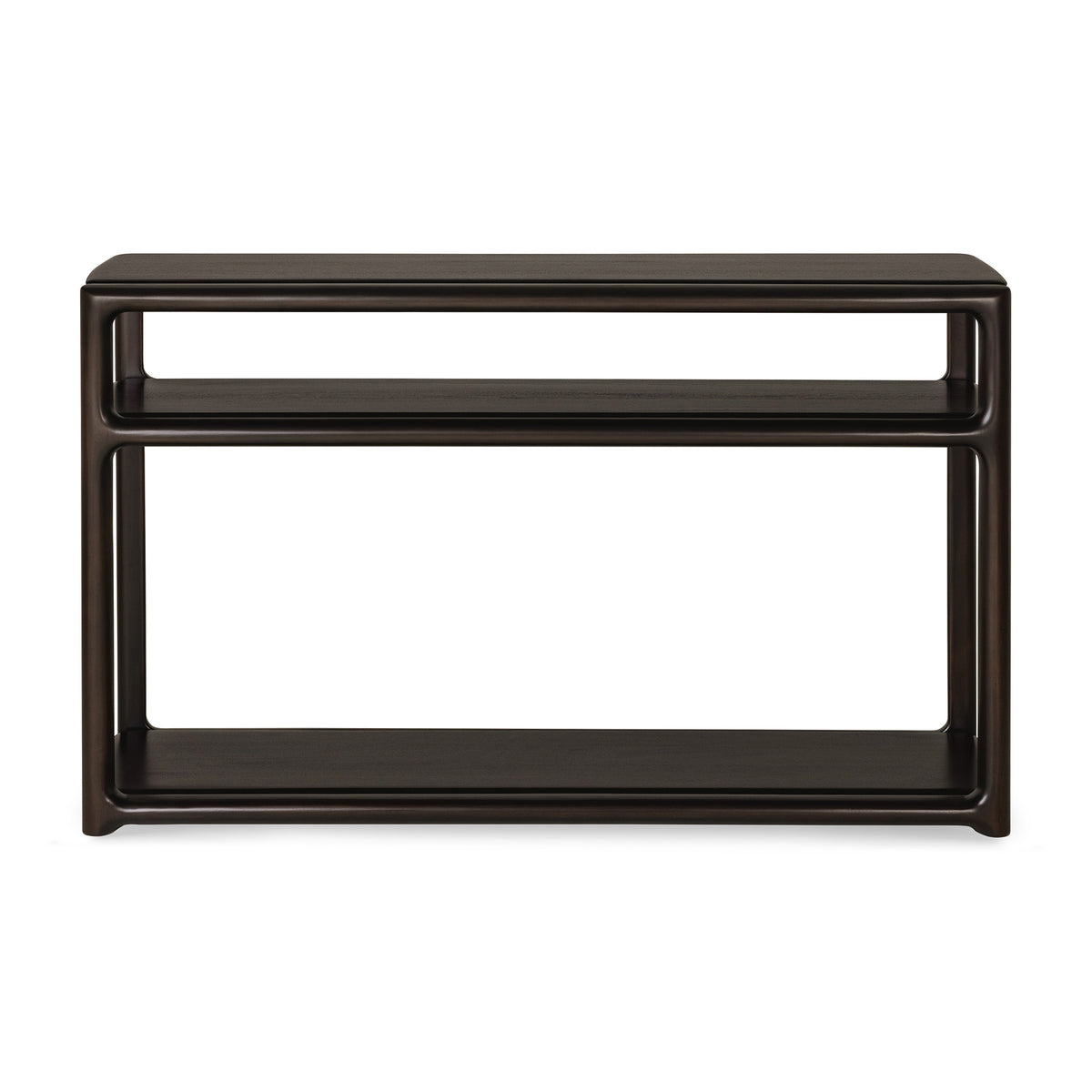 Ethnicraft Eda console table in dark mahogany with rounded edges and two open shelves.