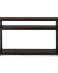 Ethnicraft Eda console table in dark mahogany with rounded edges and two open shelves.