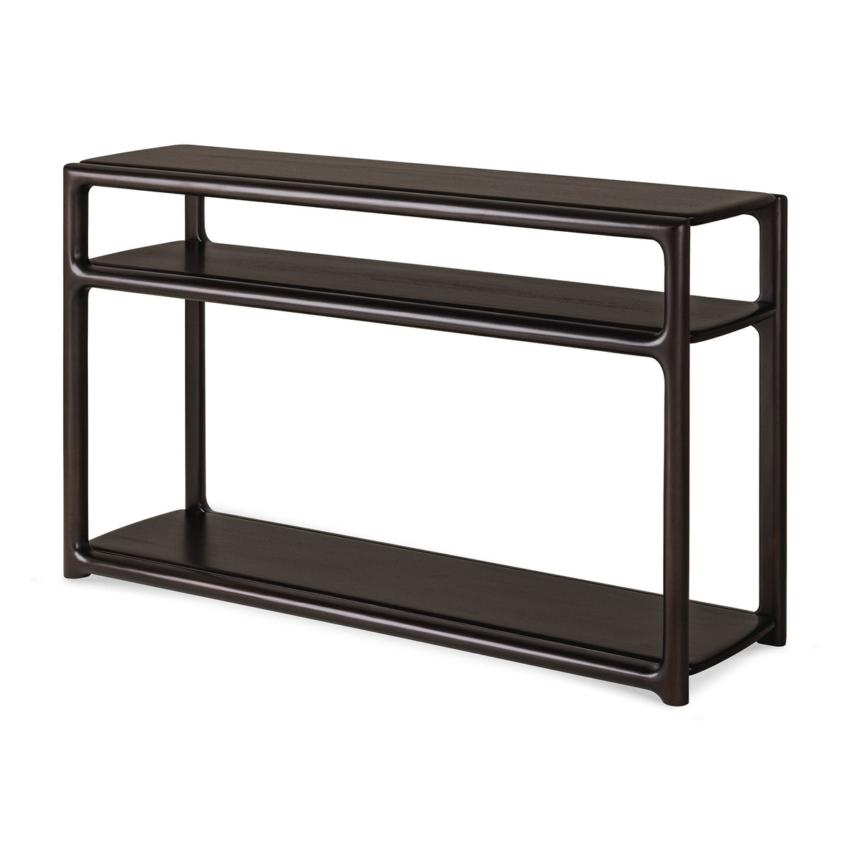 Ethnicraft Eda console table in mahogany with two shelves and rounded edges.