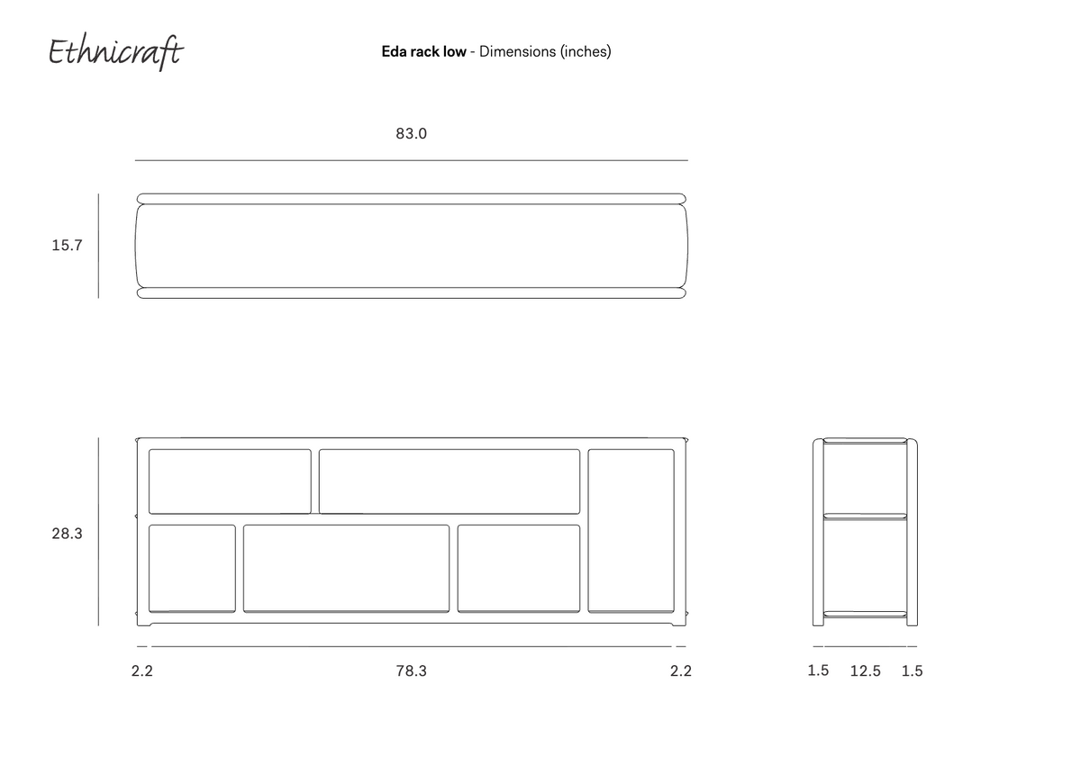 Technical drawing of the Eda Console | Wide, showing top, front, and side views with dimension measurements in inches.