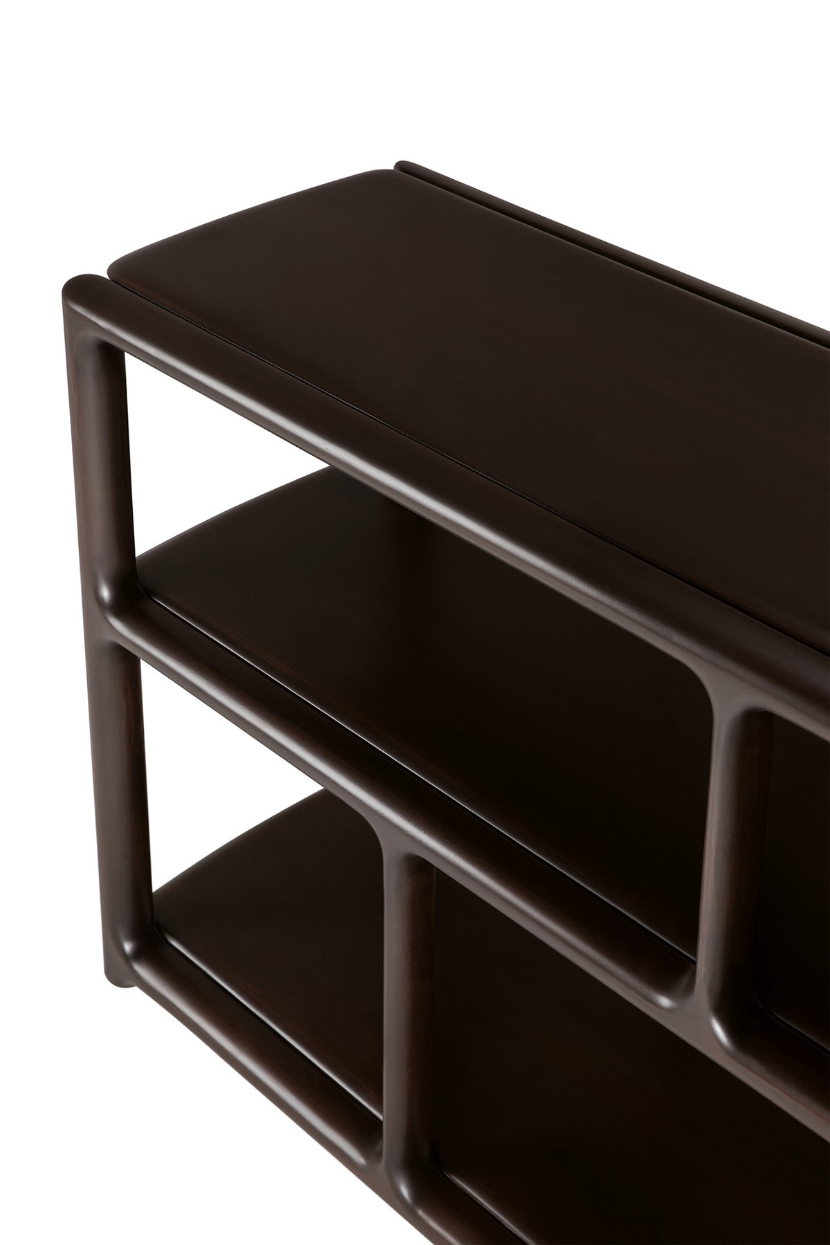 Ethnicraft Eda Console | Wide, an heirloom-quality mahogany rack with three tiers of shelving and rounded, flowing frame supports.