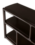 Ethnicraft Eda Console | Wide, an heirloom-quality mahogany rack with three tiers of shelving and rounded, flowing frame supports.