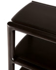 Close-up of the Eda Console | Wide, a dark mahogany rack console table with a thick top surface, a lower shelf, and heirloom-quality rounded corner joinery.