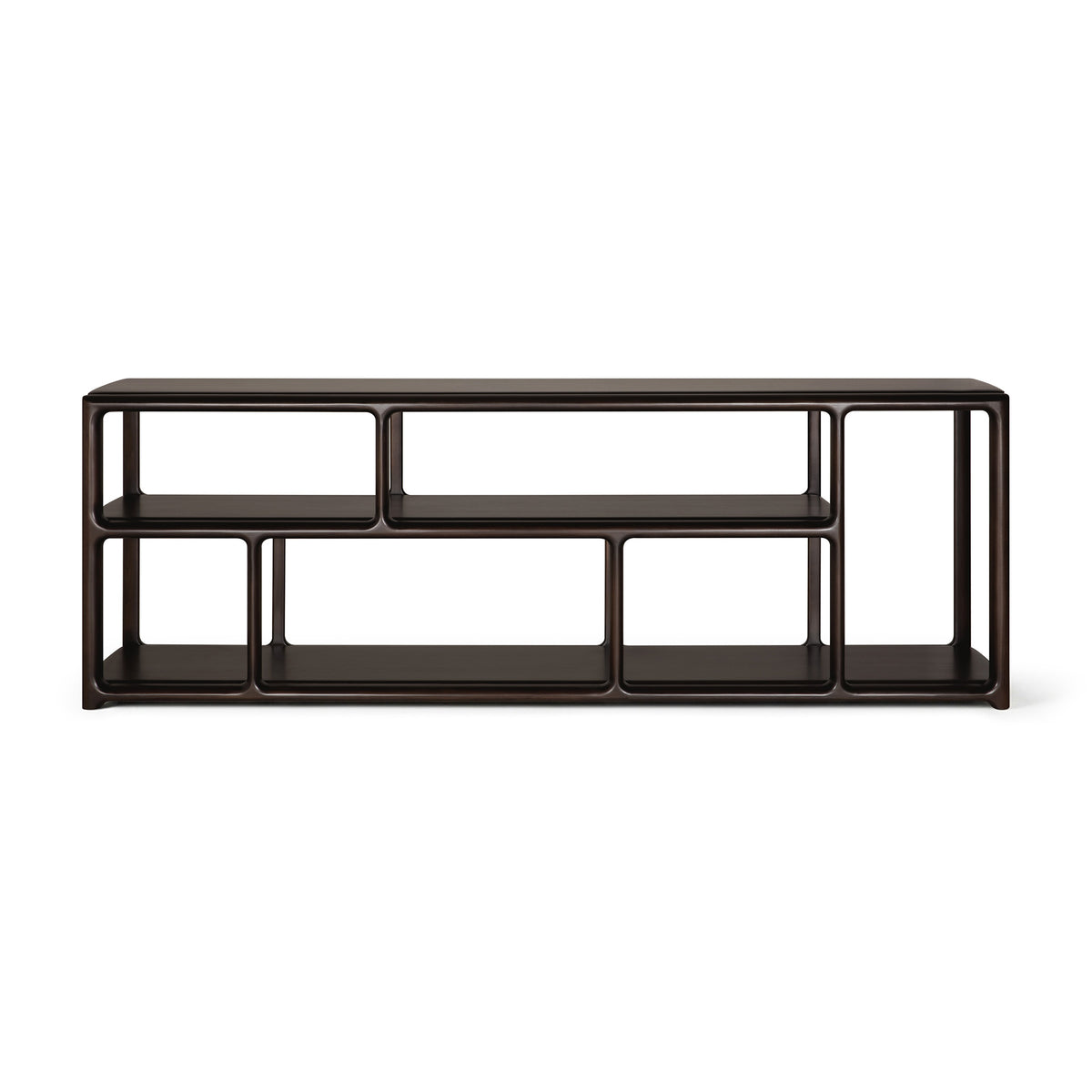 Ethnicraft Eda Console | Wide, a long, dark mahogany rack console table with an open shelving design featuring various rectangular compartments.