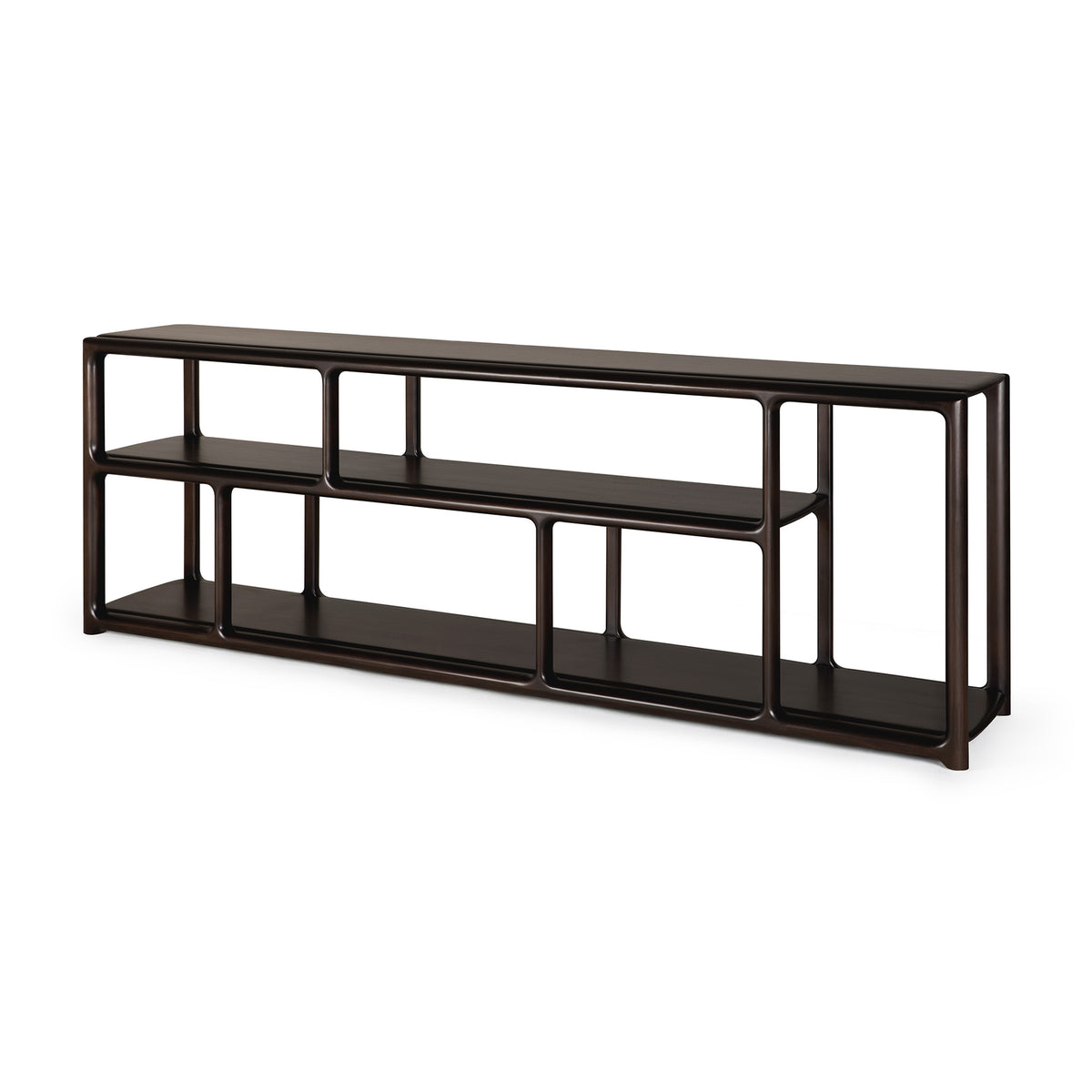Long, dark wood Eda Console | Wide by Ethnicraft, featuring an open, asymmetric heirloom-quality frame with multiple rectangular storage compartments.