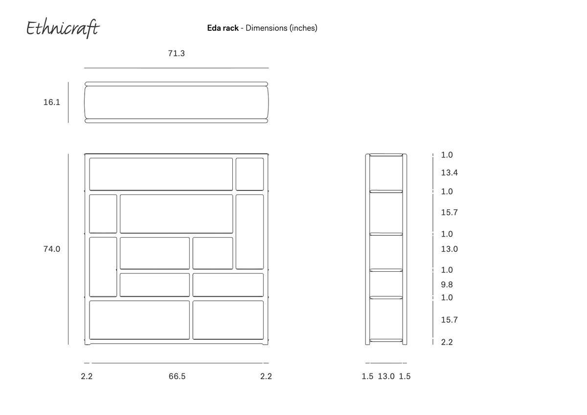 Technical line drawing showing front, top, and side views of the Ethnicraft Eda rack with dimensions in inches.